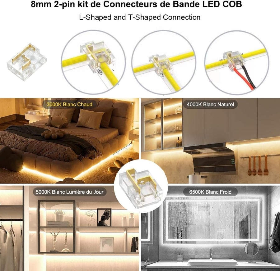 Ruban LED COB 10M, App Control, Bande LED Blanc Chaud Froid 2700K-6500K avec Telecommande et Alimentation, Bande LED 24V Dimmable, 620LEDs/M, CRI>92, Largeur 8mm