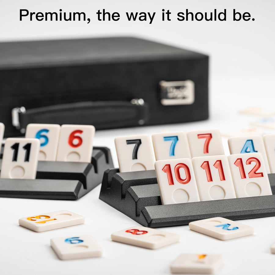 Jeu de rami, 2 à 4 joueurs avec 106 tuiles de rami et 4 supports, jeu de rami de voyage avec étui en simili cuir, jeux de société classiques amusants pour toute la famille