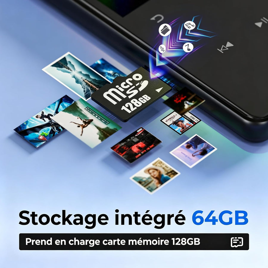 Lecteur MP3 64Go avec Bluetooth 5.3, Haut-Parleur intégré, Écran 2,4 Pouces Avec radio FM, enregistreur,Cadre central en métal,boutons tactiles, compatible avec les cartes mémoire jusqu'à 128 Go
