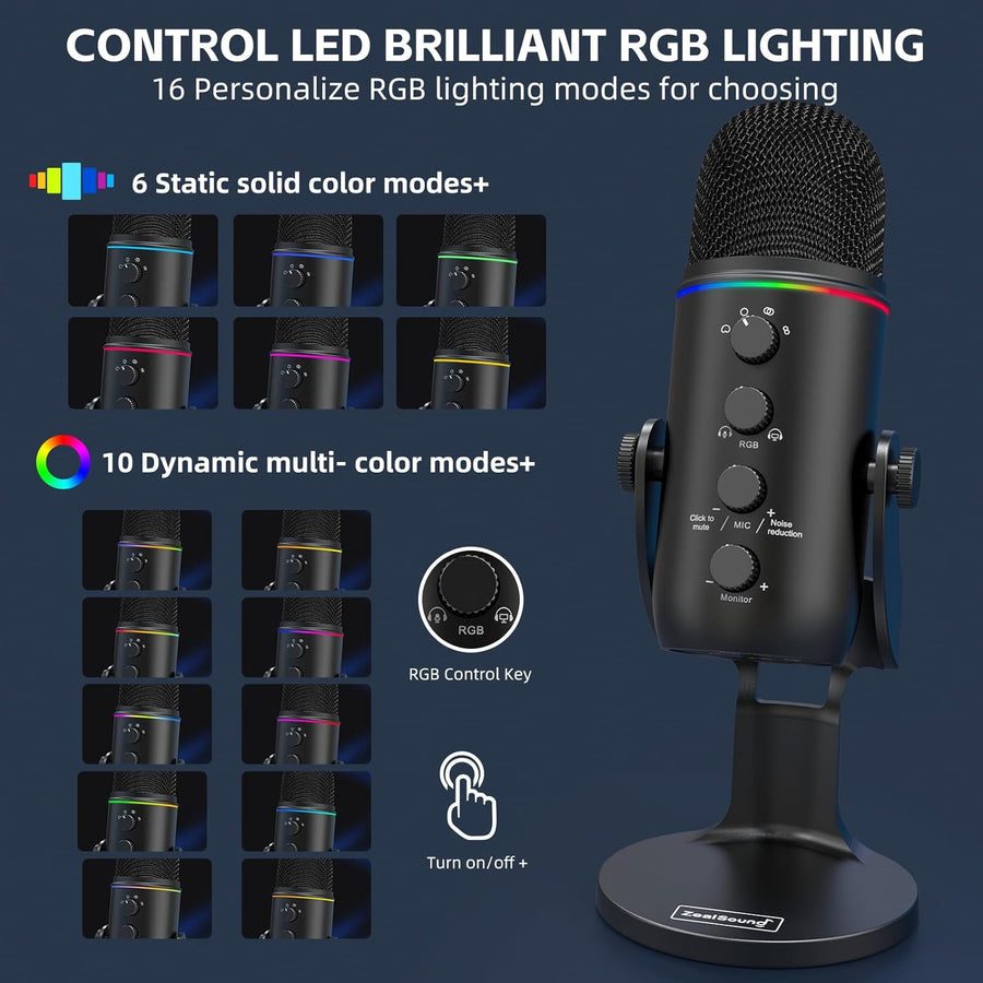 Micro à Condensateur USB Bouton Muet Lumière RGB 4 Pickup Patterns NOIR