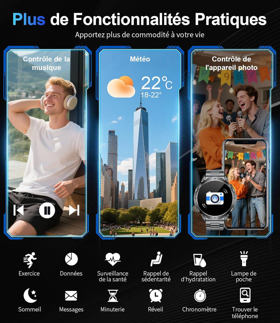 Montre Connectée Homme avec 1.62'' AMOLED Écran/LED Lampe/730mAh Batterie,Smartwatch Homme avec 100+ Modes Sportifs,24/7 Moniteur de Fréquence Cardiaque et Sommeil pour Android iOS