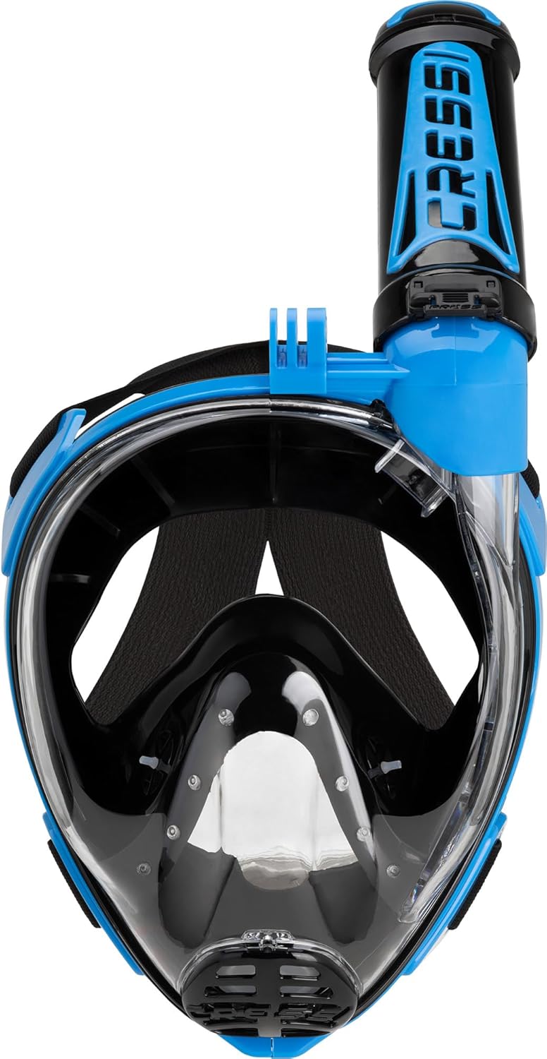 CRESSI Duke Action Full Face Mask - Masque intégral CO2 Safe Grande Vision Snorkeling No Fog avec Tuba Dry et Support Action Cam - Noir/Bleu - M/L