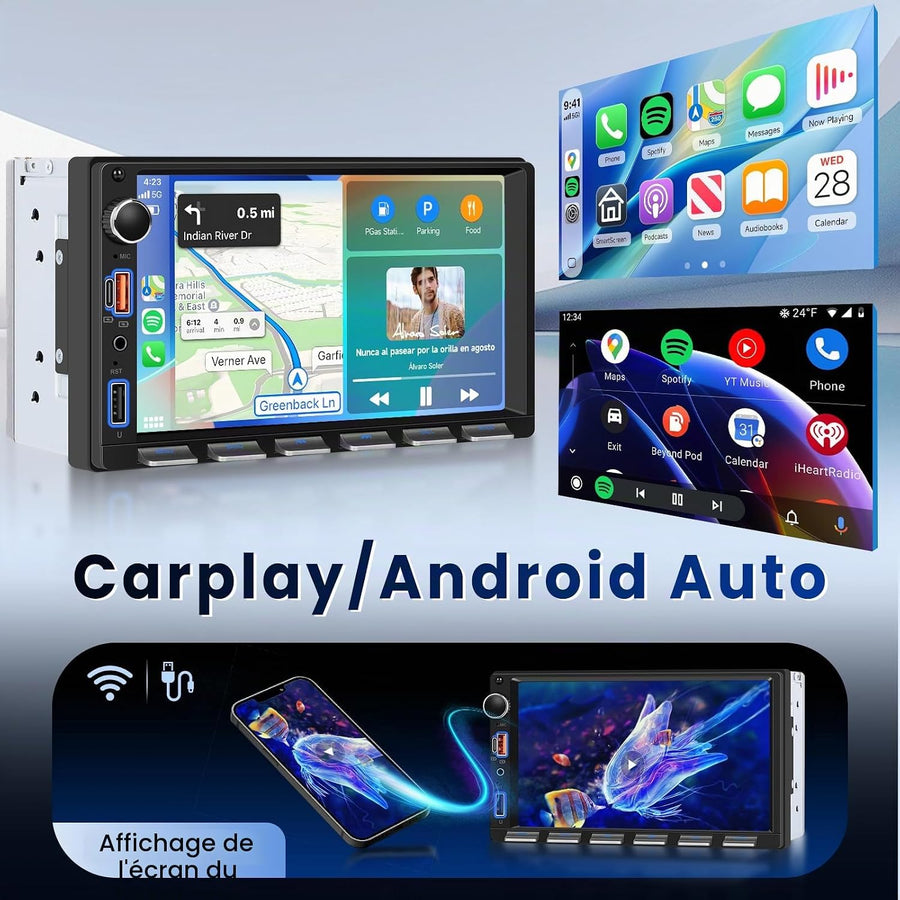 Ecran 2Din Autoradio avec Carplay sans Fil Android Auto, 7 Pouces Touches Piano 2 Din Écran Tactile Radio Voiture avec Bluetooth, Radio FM, EQ, Vidéo en Ligne, Mirror Link, USB/AUX/Type-C, SWC