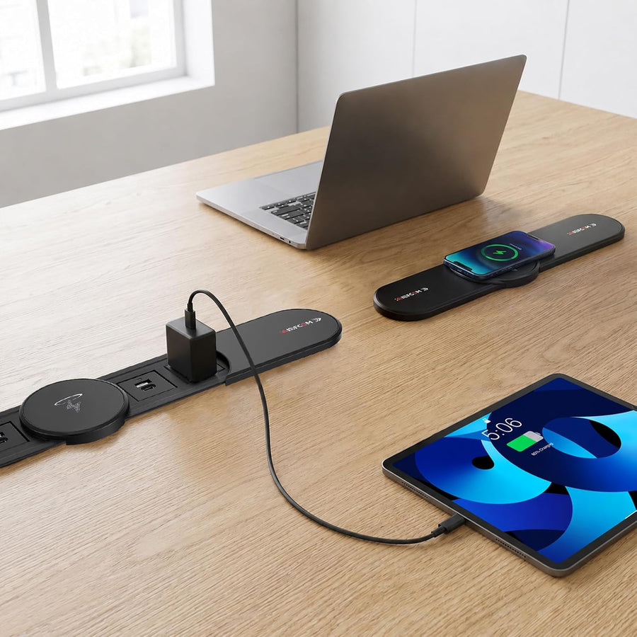 Prise Encastrable de Bureau avec Capot Coulissant Métallique Multiprise 6-en-1 avec Chargeur Sans Fil 15W Qi, 2 AC 2 USB-A 2 USB-C, 2500W, pour Bureau Cuisine