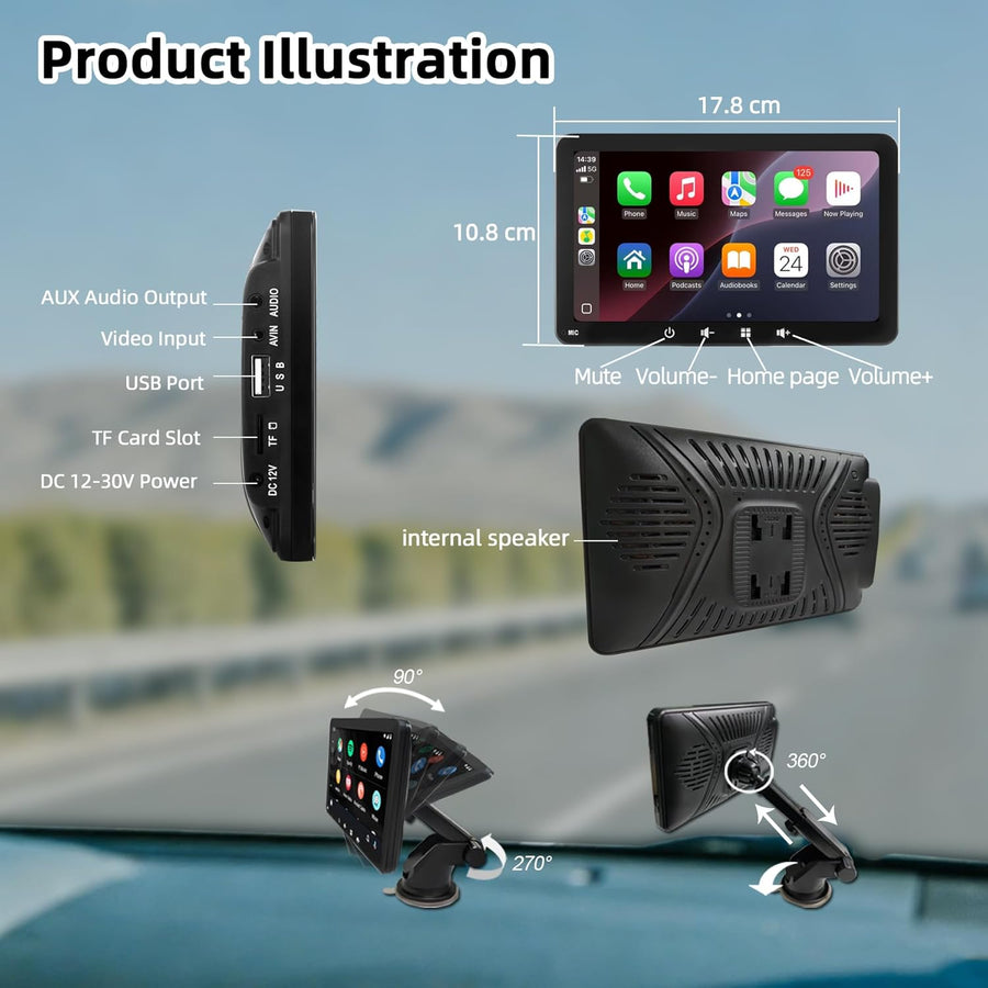 Écran Voiture 7" avec Carplay et Android Auto sans Fil – Autoradio Portable avec Écran Tactile | Caméra de Recul | Transmetteur FM, AUX,USB