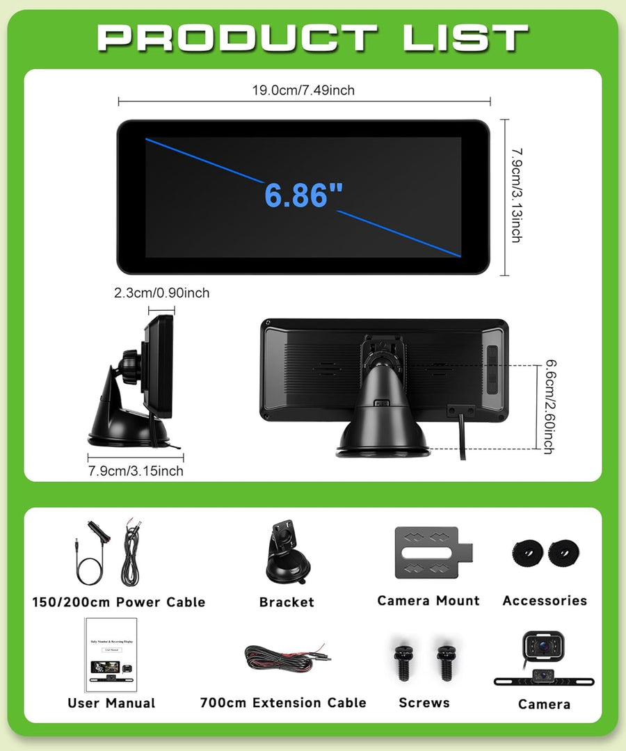 Double caméra de voiture pour bébé enfants avec écran partagé de 6,86 pouces HD 720P avec caméra de recul,vision nocturne 360°,caméra de sécurité pour siège de voiture,support à ventouse