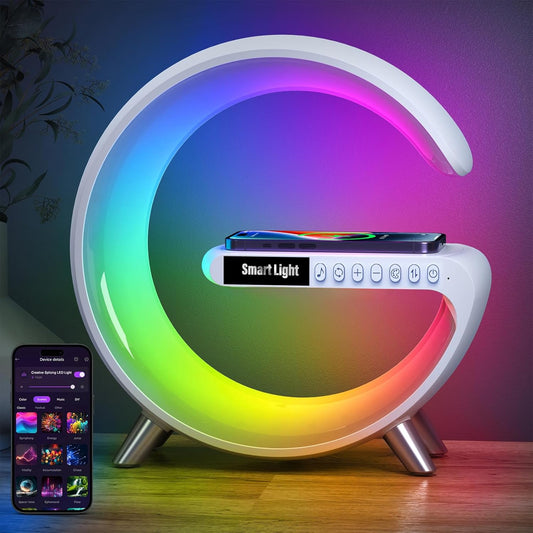 Lampe de Chevet Veilleuse LED Lumière RGB Enceinte Bluetooth Chargeur Sans Fil Induction