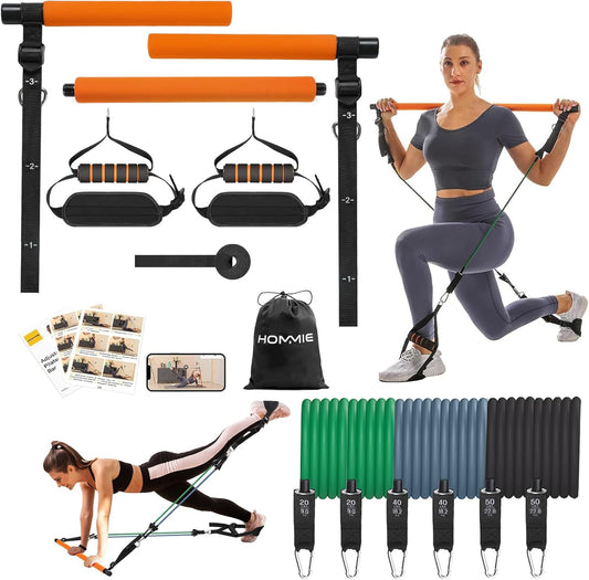 Kit Barre Pilates 6 Bandes Résistance Élastique 20-220LBS Longueur Réglable Ancrage de Porte Yoga Étirement Sculpture Torsion Squat ORANGE