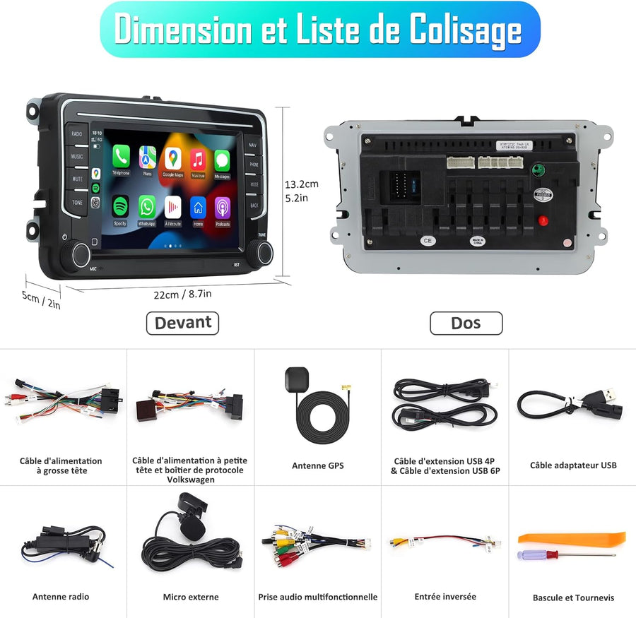 Autoradio 2DIN, 7" Radio Voiture pour VW Golf, Passat, Seat, Touran, Skoda, CarPlay & Android Auto, Commandes au Volant, Écran Tactile & Boutons Physiques, EQ, FM, GPS Navigation, MirrorLink