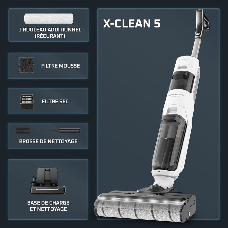 Rowenta X-Clean5, Aspirateur laveur sans fil, Nettoyage 2-en-1, Mode de détection Auto, Éclairage LED, Auto-nettoyage, Séchage air chaud