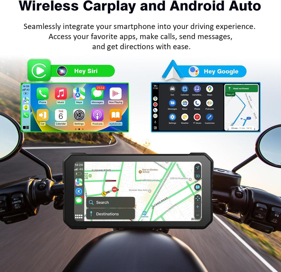 Écran CarPlay de moto 6,25", sans fil, CarPlay & Android Auto, navigation GPS pour moto, prise en charge double Bluetooth, télécommande, Siri, G00gle Assistant