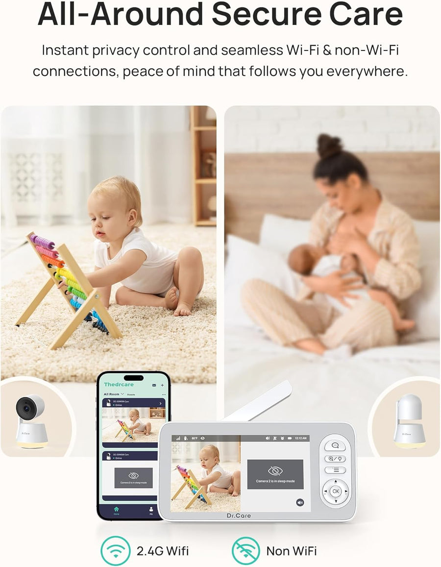 Babyphone Moniteur Bébé Intelligent WiFi 5,5" – Écran Partagé 1080P & Caméra 2K, Mode Confidentialité, Multi-Utilisateur, Batterie Amovible 5000mAh, Veilleuse RGB, Alerte Pleurs & Mouvements