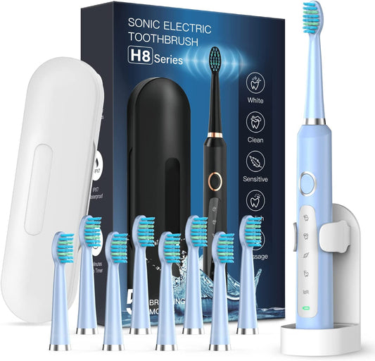 Brosse À Dents Électrique Rechargeable Avec 5 Modes de brossage 8 Tête de rechange BLEU CLAIR