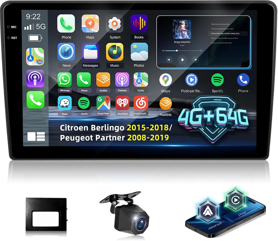 Autoradio 4+64G pour Citroen Berlingo 2015-2018/Peugeot Partner 2008-2019 avec Carplay et Android Auto - Écran incell 9 Pouces Prise en Charge WiFi GPS Commandes au Volant + Caméra de recul