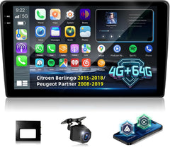 Autoradio 4+64G pour Citroen Berlingo 2015-2018/Peugeot Partner 2008-2019 avec Carplay et Android Auto - Écran incell 9 Pouces Prise en Charge WiFi GPS Commandes au Volant + Caméra de recul