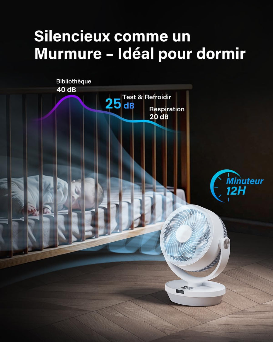 Ventilateur de Table Silencieux, 25 dB, 33CM Ventilateur Portable de Circulation D'air, oscillation manuelle verticale 120° + oscillation 90°, 4 vitesses, 4 modes, Télécommande, minuterie 12h