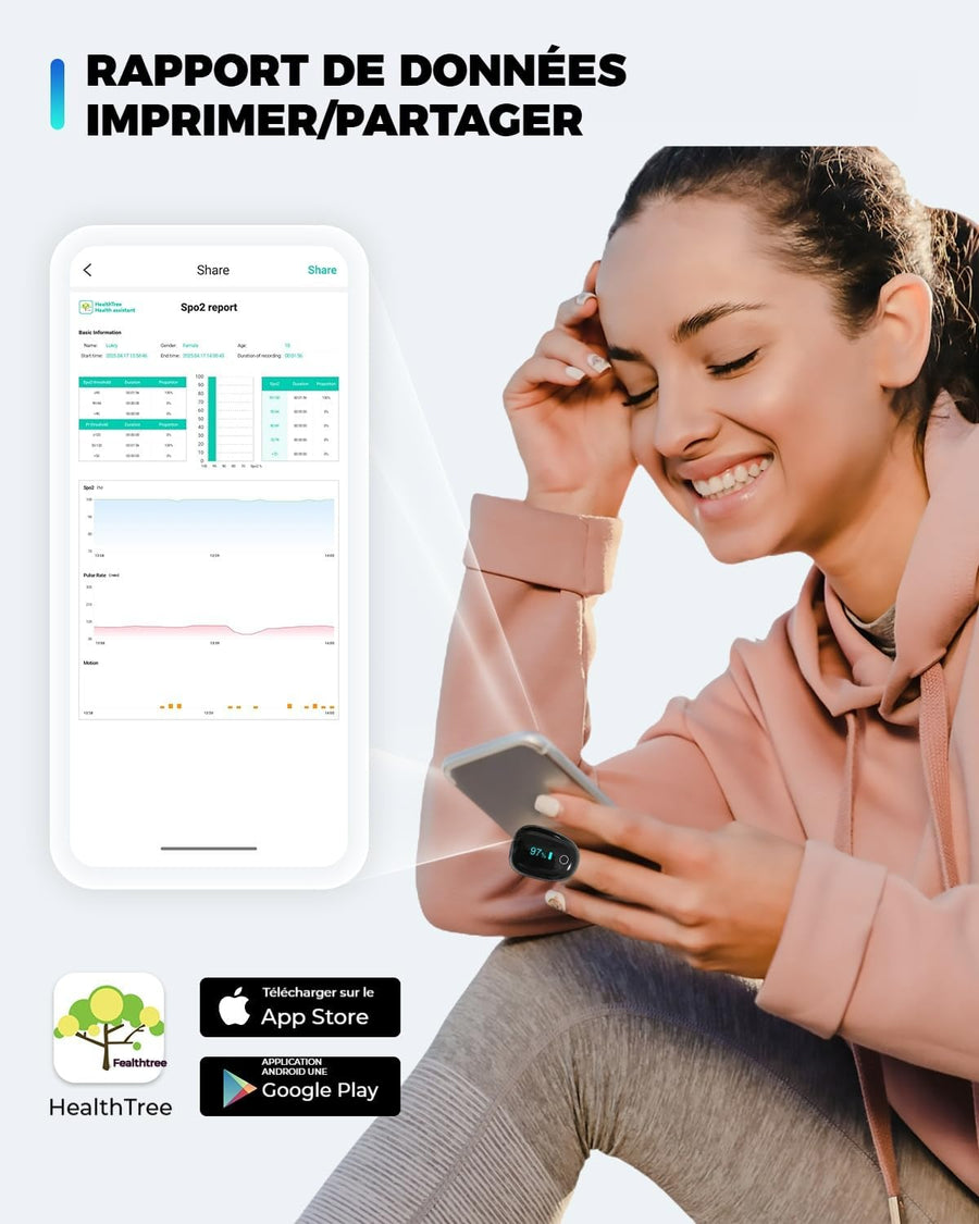 Oxymètre de pouls rechargeable O2 Ring, moniteur Bluetooth HealthTree pour suivi continu du SpO₂ et du rythme cardiaque