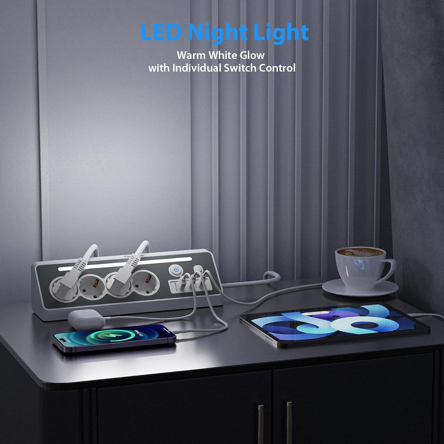 Multiprise 7 en 1 avec station de charge rapide, 4 ports CA, 2 ports USB-C, affichage LED et double interrupteur