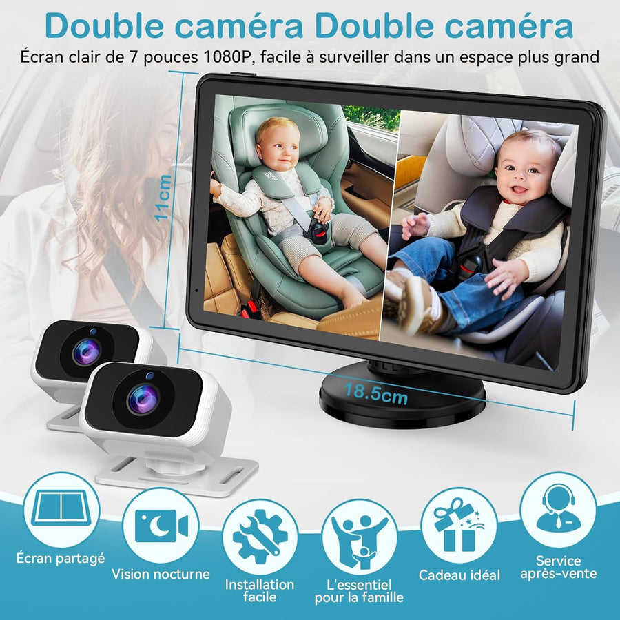 Caméra Voiture Bébé pour 2 Enfants : Écran IPS 7 Pouces avec Deux Caméras pour Siège Auto, Écran Partagé, Vision Nocturne, HD 1080P - Caméra Arrière Facile à Installer