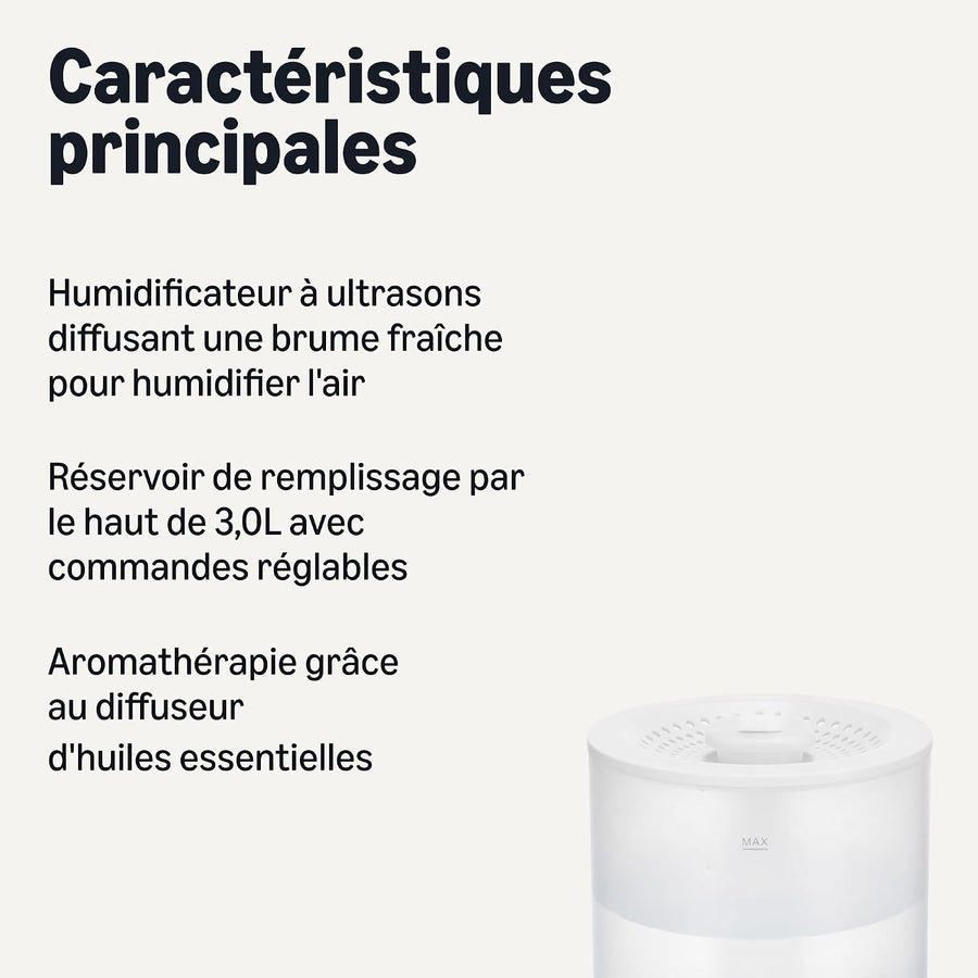 Humidificateur pour Chambre, Remplissage par le Haut, Réservoir d’Eau 3,0L, Diffuseur d’Huiles Essentielles, Blanc