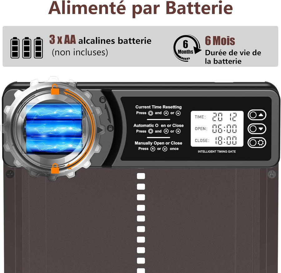 Porte Poulailler Automatique Batterie avec Minuterie Porte Automatique Poulailler en Aluminium avec Écran LCD Programmable Étanche, Fonction Anti-pincement, Ouvre-Porte Vertical