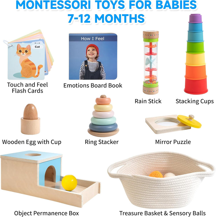 Jouets Montessori Bébés 12 Mois et Plus Set Jouets Éducatifs en Bois 9en1 Boîte Permanence Faiseur de Pluie Panier Trésor Tasses à Empiler Puzzle Miroir