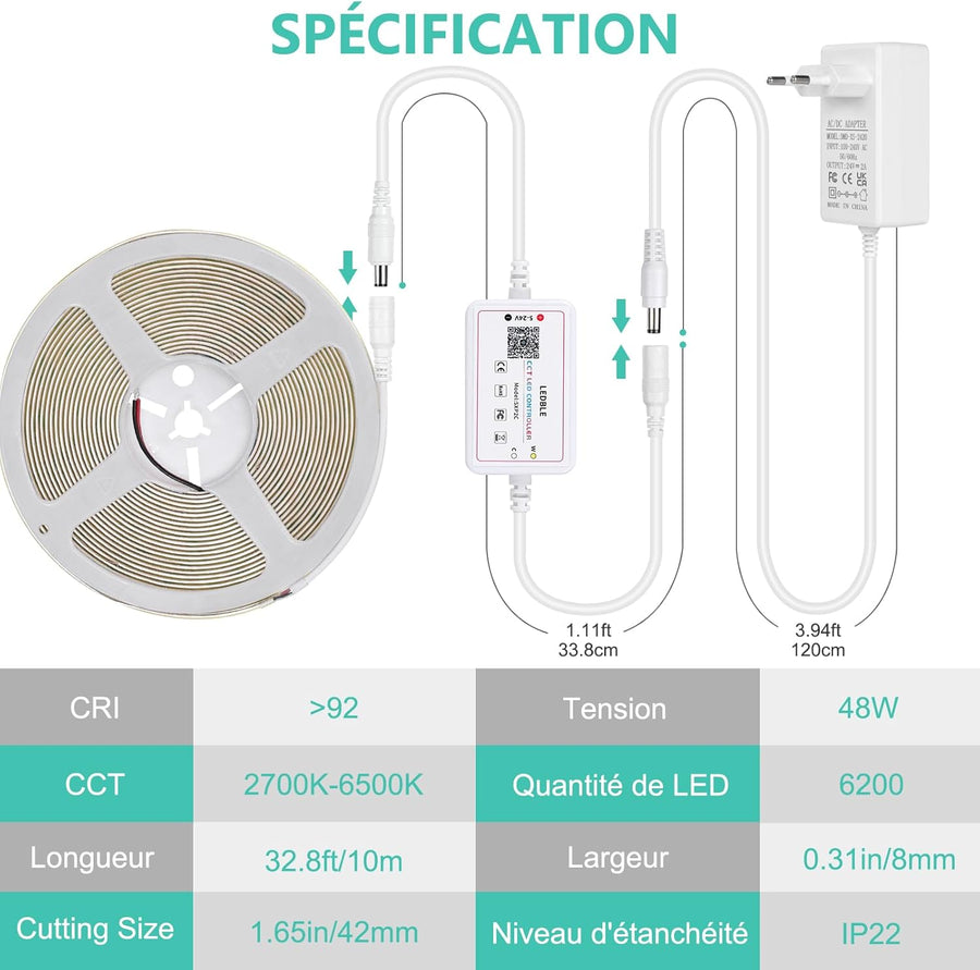 Ruban LED COB 10M, App Control, Bande LED Blanc Chaud Froid 2700K-6500K avec Telecommande et Alimentation, Bande LED 24V Dimmable, 620LEDs/M, CRI>92, Largeur 8mm