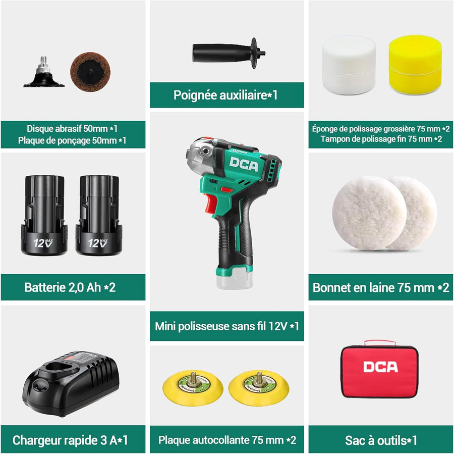 Mini Polisseuse sans Fil 12V, 75mm Mini Polisseuse Voiture Sans Balais et 55mm Ponceuse , 2 Batteries 2,0Ah, 2 Vitesses 2800-8300 tr/min pour Polissage/Lustrage/Ponçage/Cirage