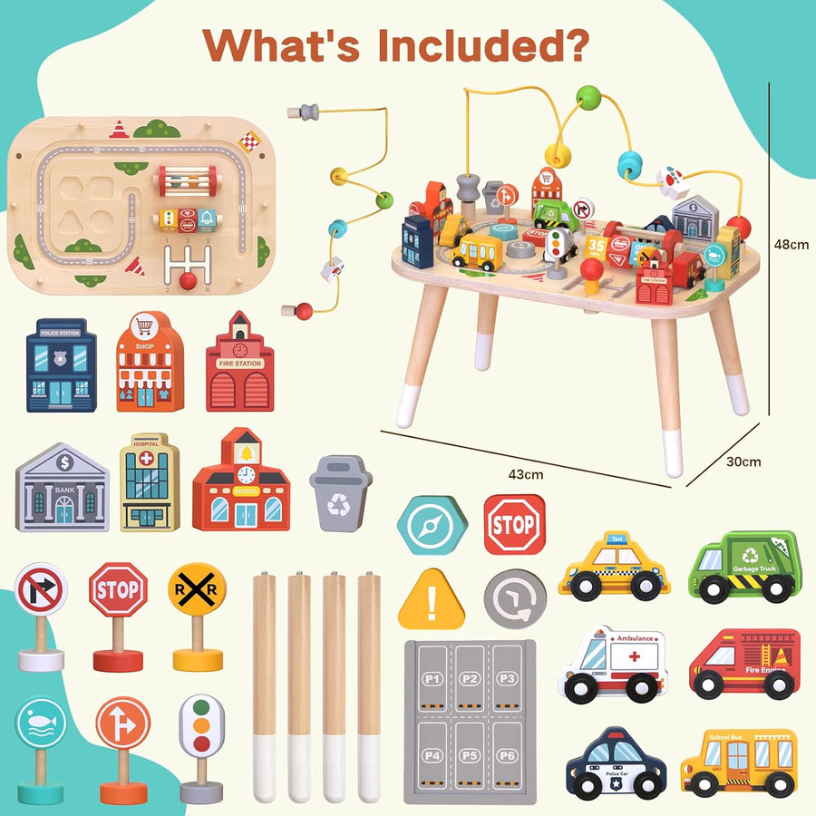 Table d’activités pour bébé de 1 an, table sensorielle en bois avec labyrinthe de perles, formes à trier et circuit de train, jouet Montessori ferme, jouet éducatif