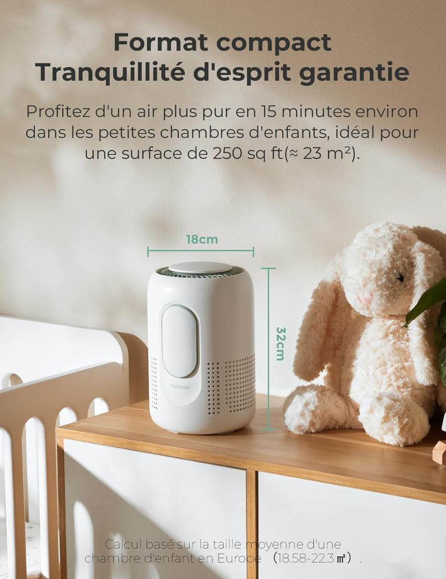 Purificateur d'air pour chambre d'enfant Momcozy, système à 4 filtres, moniteur et écran indiquant en temps réel la qualité de l'air (PM2,5), indication de l'état avec 3 couleurs, veilleuse réglable