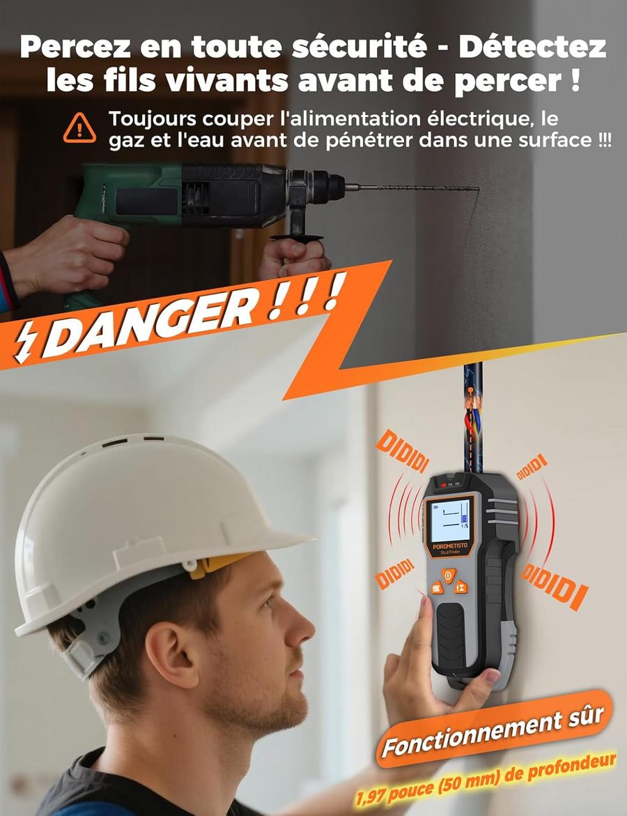 Détecteur Mural 6en1 Haute Précision,Profondeur de détection 20-120 mm,Détecte le Métal/Les Tuyaux/Les Tuyaux En Cuivre/Les Fils/Les Objets/Matériaux Magnétiques/Non Magnétiques