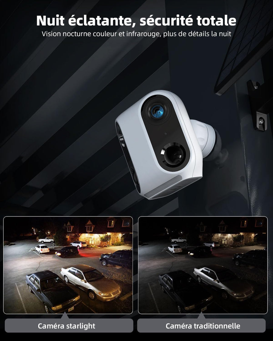 Caméra Surveillance Extérieure WiFi sans Fil, Solaire, Double Objectif & PIR, Vision Nocturne Couleur, Audio Bidirectionnel, Batterie, IP65, Stockage Cloud/SD KAKI
