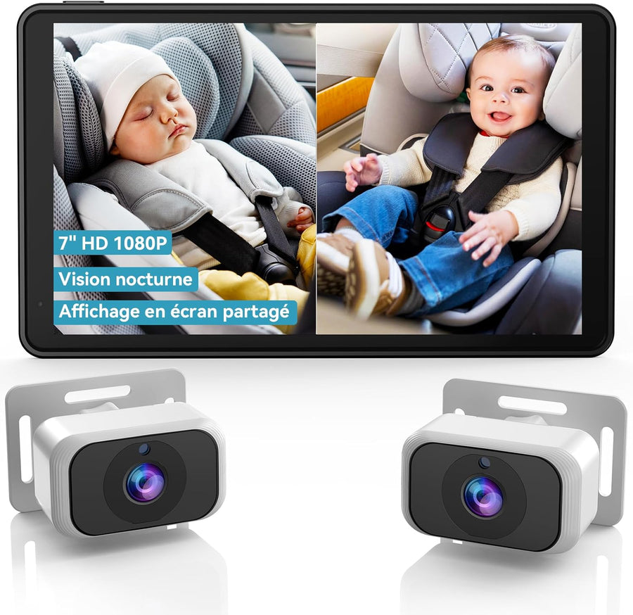 Caméra Voiture Bébé pour 2 Enfants : Écran IPS 7 Pouces avec Deux Caméras pour Siège Auto, Écran Partagé, Vision Nocturne, HD 1080P - Caméra Arrière Facile à Installer