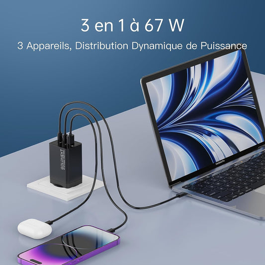 Chargeur Rapide USB-3.0 USB-C 3 Ports 67W Prise USB Secteur Avec Cable de 1.2m NOIR