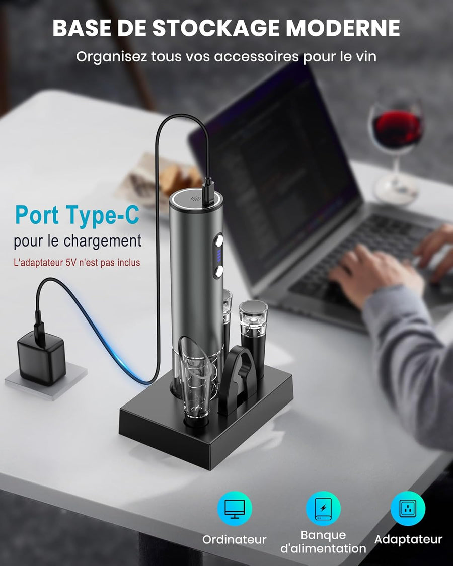Tire bouchon electrique rechargeable inox, ouvre bouteille electrique idee cadeau anniversaire homme femme avec bec verseur aérateur, 2 bouchon vin vide air, coupe-fil et câble chargement USB