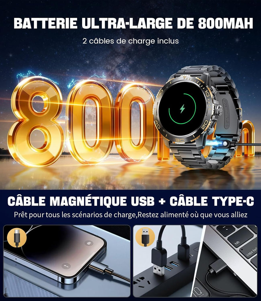 Montre Connectée Homme avec 800 mAh/Torche LED pour Android iOS, Écran 1,43'' AMOLED HD Smartwatch avec Appel Bluetooth/200+ Modes Sportifs, Moniteur de Fréquence Cardiaque/Sommeil, Étanche IP68