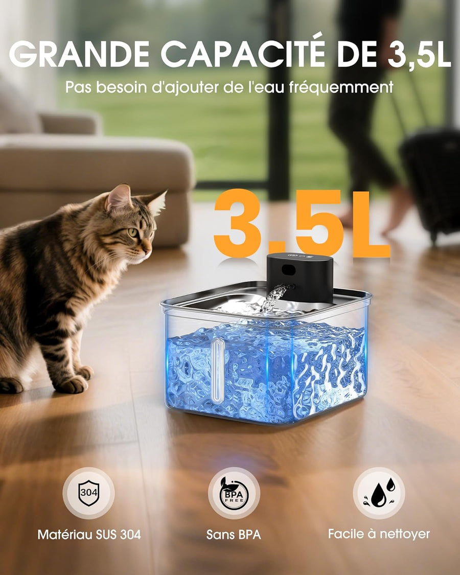 Fontaine a Eau Chat sans Fil 3,5L INOX avec Detecteur de Mouvement, avec 5000mAh Rechargeable Batterie et Technologie Exclusive sans Pompe, avec 2 Filtres
