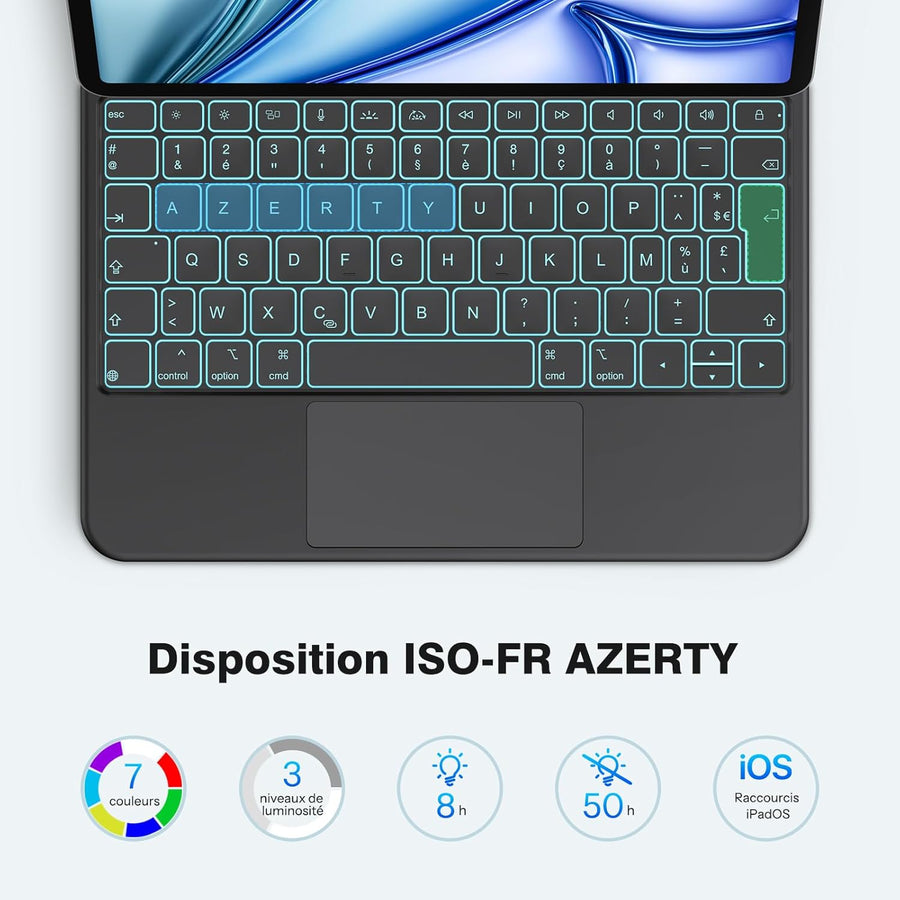 Clavier pour iPad Air 11 (M3/M2, 2025/2024)/Air 5/4 AZERTY ISO-FR, Magic Keyboard pour iPad Pro 11" (4/3/2/1 Gen) avec Pavé Tactile Pleine Surface, Rétroéclairé Réglable