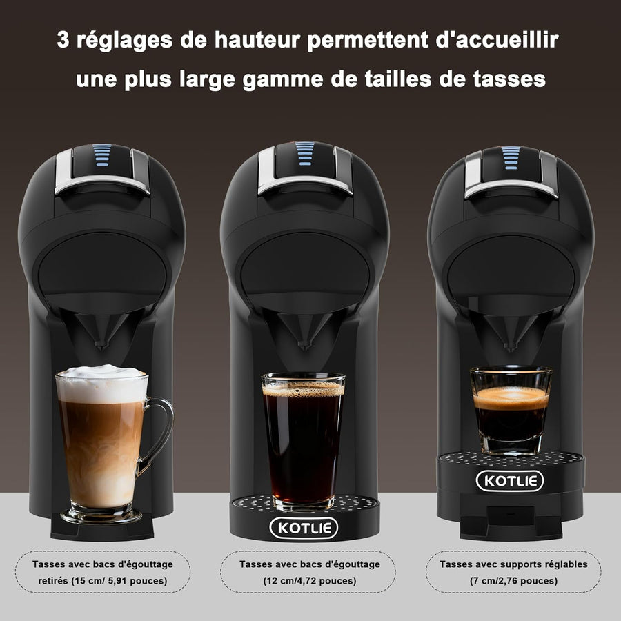 Machine à café à capsules, 5 en 1, 19 bars, multi-capsules pour Nespresso/Dolce Gusto/ESE Pads (44 mm), réservoir d'eau 1 l, 3 températures/7 quantités d'eau