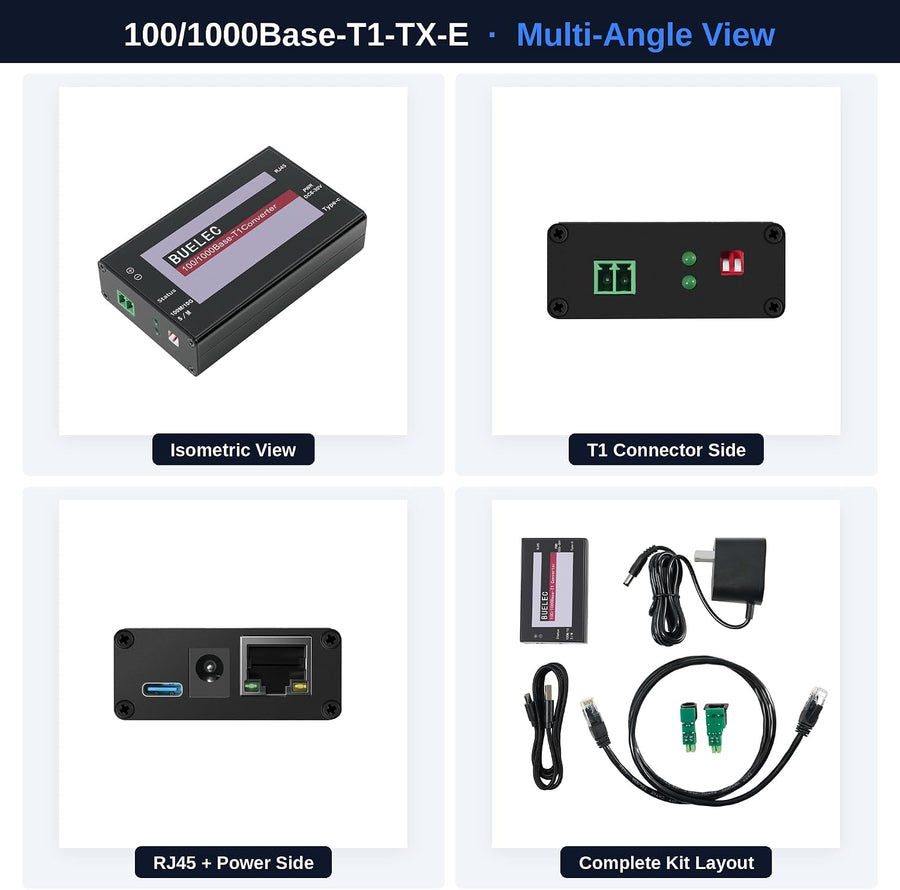 Convertisseur de média Ethernet automobile 100/1000Base-T1-TX-E – Adaptateur T1 vers RJ45 1 Gbit/s, Marvell 88Q2112 + RTL8211FI, bornier + adaptateurs TE MATEnet/HMTD, alimentation Type-C/DC