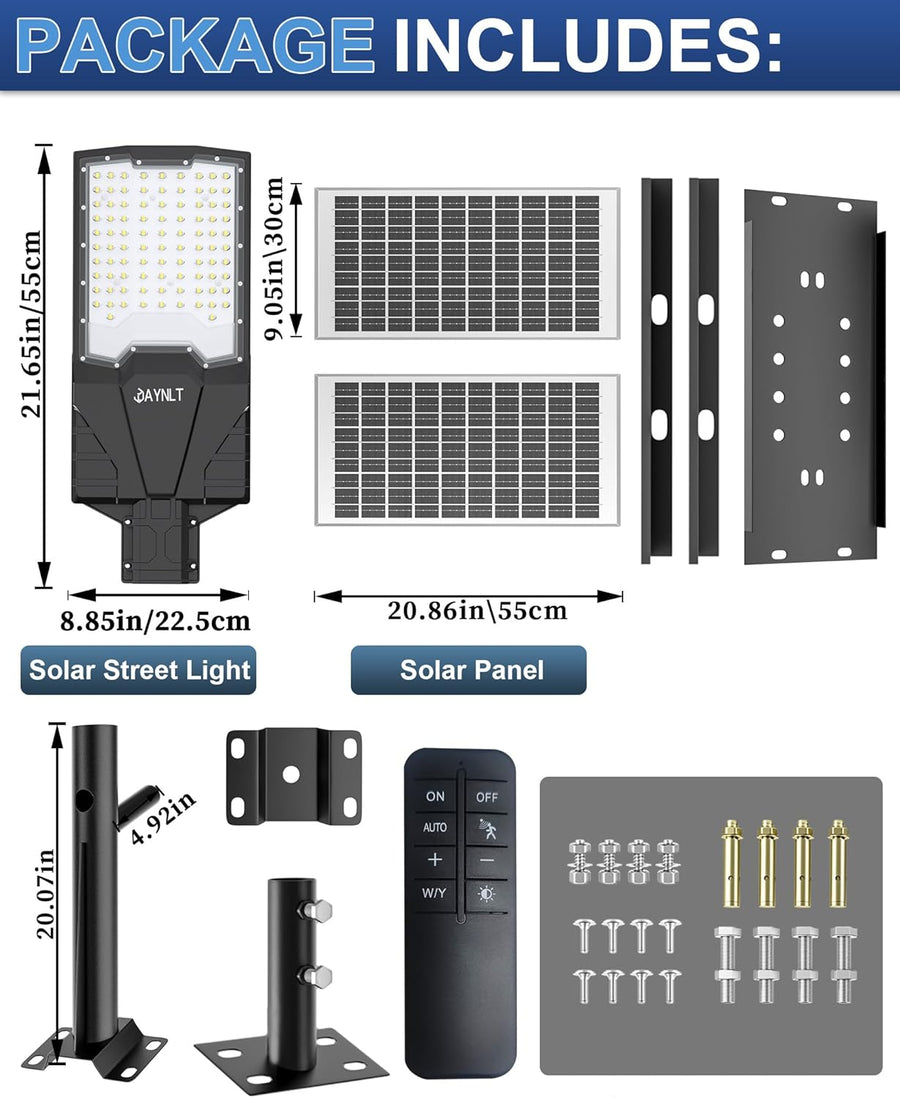 Lampadaires solaires d'extérieur, 6500 K ultra grands feux de stationnement commerciaux du crépuscule à l'aube, lampes de sécurité étanches IP67 à énergie solaire