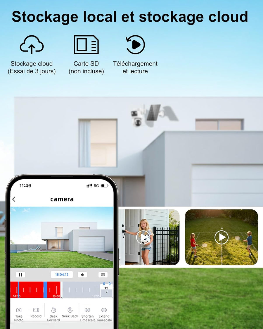 Camera Surveillance WiFi Exterieure sans Fil,à double objectif/Camera Solaire/Batterie,2.4/5G WIFI,360° PTZ Sécurité à Domicile,Vision Vocturne,Alarme,Audio Bidirectionnel,Suivi Automatique,IP66
