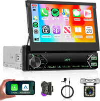 Carplay Autoradio 1 Din avec Android Auto Bluetooth 7 Pouces Manuel Rétractable Écran Autoradio avec Mirror Link FM Radio USB/EQ/AUX/Type C Commandes au Volant Caméra de Recul