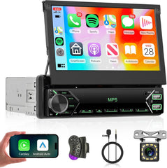 Carplay Autoradio 1 Din avec Android Auto Bluetooth 7 Pouces Manuel Rétractable Écran Autoradio avec Mirror Link FM Radio USB/EQ/AUX/Type C Commandes au Volant Caméra de Recul
