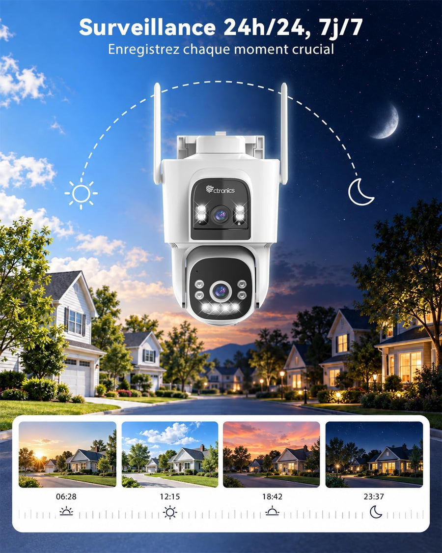 Camera Surveillance Solaire AOV Double Objectif,WiFi Extérieure 3MP+3MP Enregistrement 24/7, 8W & 15600mAh, 30m Détection Humaine Suivi Auto, Vision Nocturne, PTZ 355° IP66
