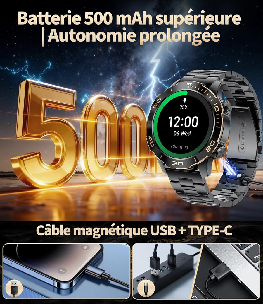 Montre Connectée Homme Militaire,1.43‘’ Grand Écran avec Appels/500mAh Longue Autonomie Batterie/Lampe de Poche/IP68 Étanche Fréquence Cardiaque/Pédomètre,2 Bracelet Smartwatch pour Android iOS