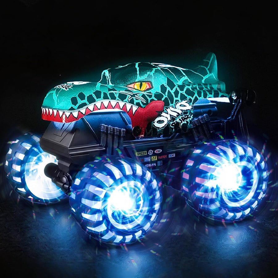 Voiture télécommandée, monstertruck télécommandée avec pneus lumineux et Monster Truck 2,4 GHz avec rotation à 360° et marche verticale, temps de jeu 100 min, jouet dinosaure 1/20 à partir de 3 ans
