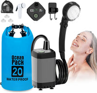 Portable Camping Douche, Pompe de Douche de Camping avec Rechargeable 6000mAh Batterie et indicateur de température, tête de Douche multifonctionnelle et Tuyau 2M, bac Pliant 20L