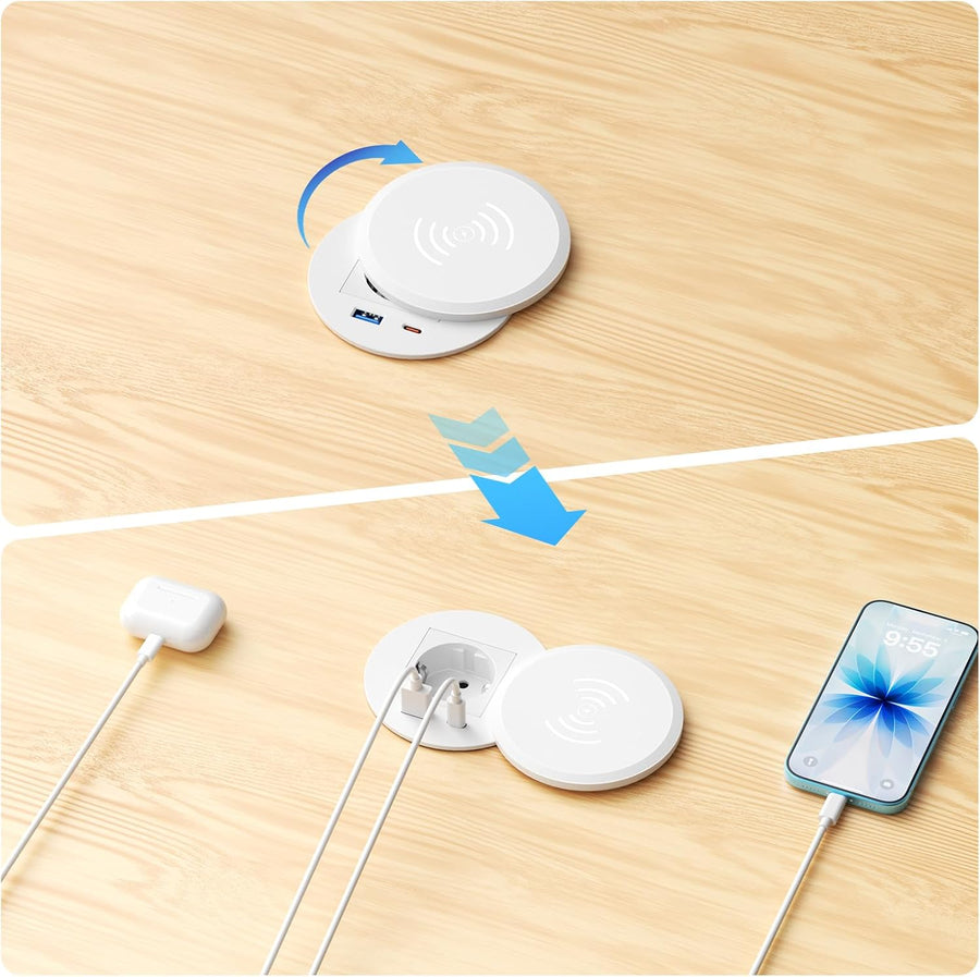 Prise encastrable Plan de Travail avec Charge Qi15 W, USB-C PD 30W, Ø80 mm Multiprise encastrable avec 1 prise, USB-A QC 18 W, couvercle rotatif anti-poussière, câble 2 m, bureau et cuisine, blanc