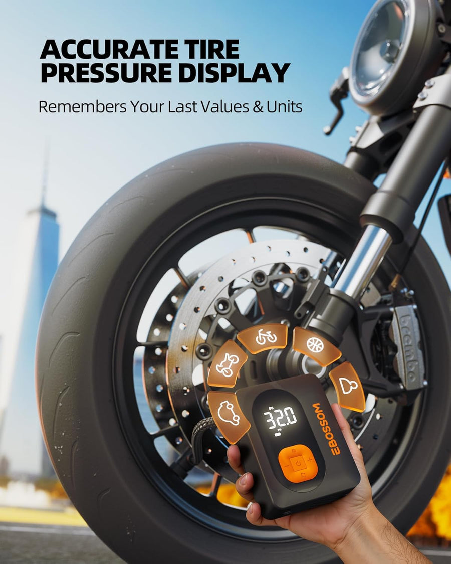 Gonfleur pneus Voiture, Compresseur à Air Portatif , Mini Compresseur Voiture Portable Electrique pompe a velo, Inflator Affichage Numérique et Lumière LED Vélos Motos Ballons Flexible de 15 cm